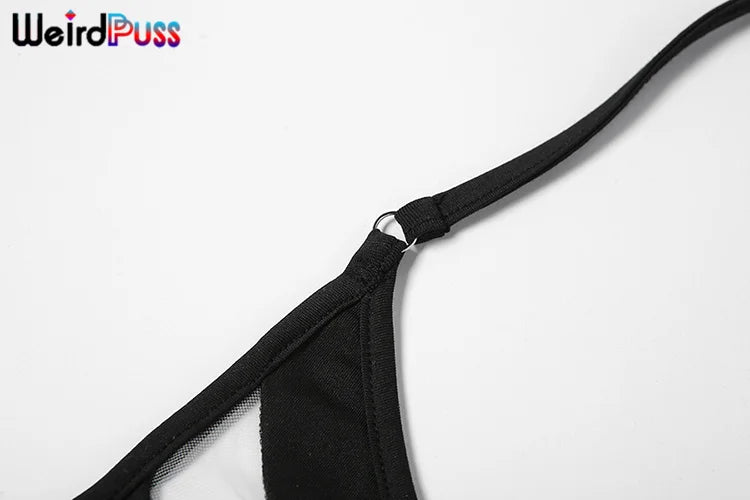 Weird Puss Beach Style Women Bikini 2 Piece Set Sexy Mesh Patchwork One Shoulder Bra Top+Bandage Briefs Vacation Trend Clubwear