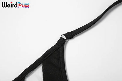 Weird Puss Beach Style Women Bikini 2 Piece Set Sexy Mesh Patchwork One Shoulder Bra Top+Bandage Briefs Vacation Trend Clubwear