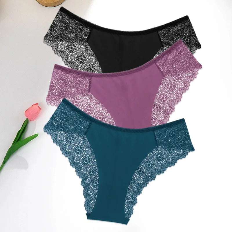 WarmSteps 3Pcs/Set Women's Lace Panties Briefs Solid Ice Silk Lingerie Female Underpanties Underwear for Woman Low Rise Briefs