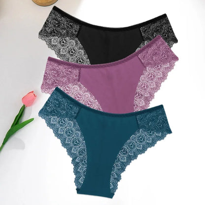 WarmSteps 3Pcs/Set Women's Lace Panties Briefs Solid Ice Silk Lingerie Female Underpanties Underwear for Woman Low Rise Briefs