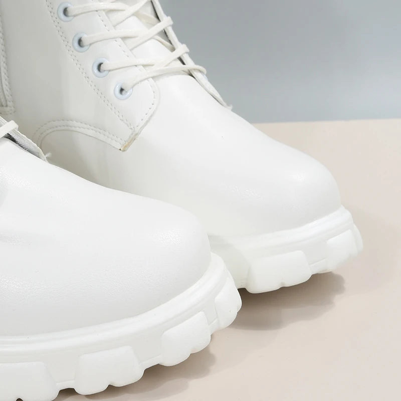Autumn Winter PU Leather White Ankle Boots Motorcycle Botines Female Chunky Heels Platform Boots Botas Mujer