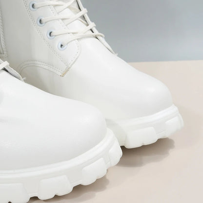 Autumn Winter PU Leather White Ankle Boots Motorcycle Botines Female Chunky Heels Platform Boots Botas Mujer