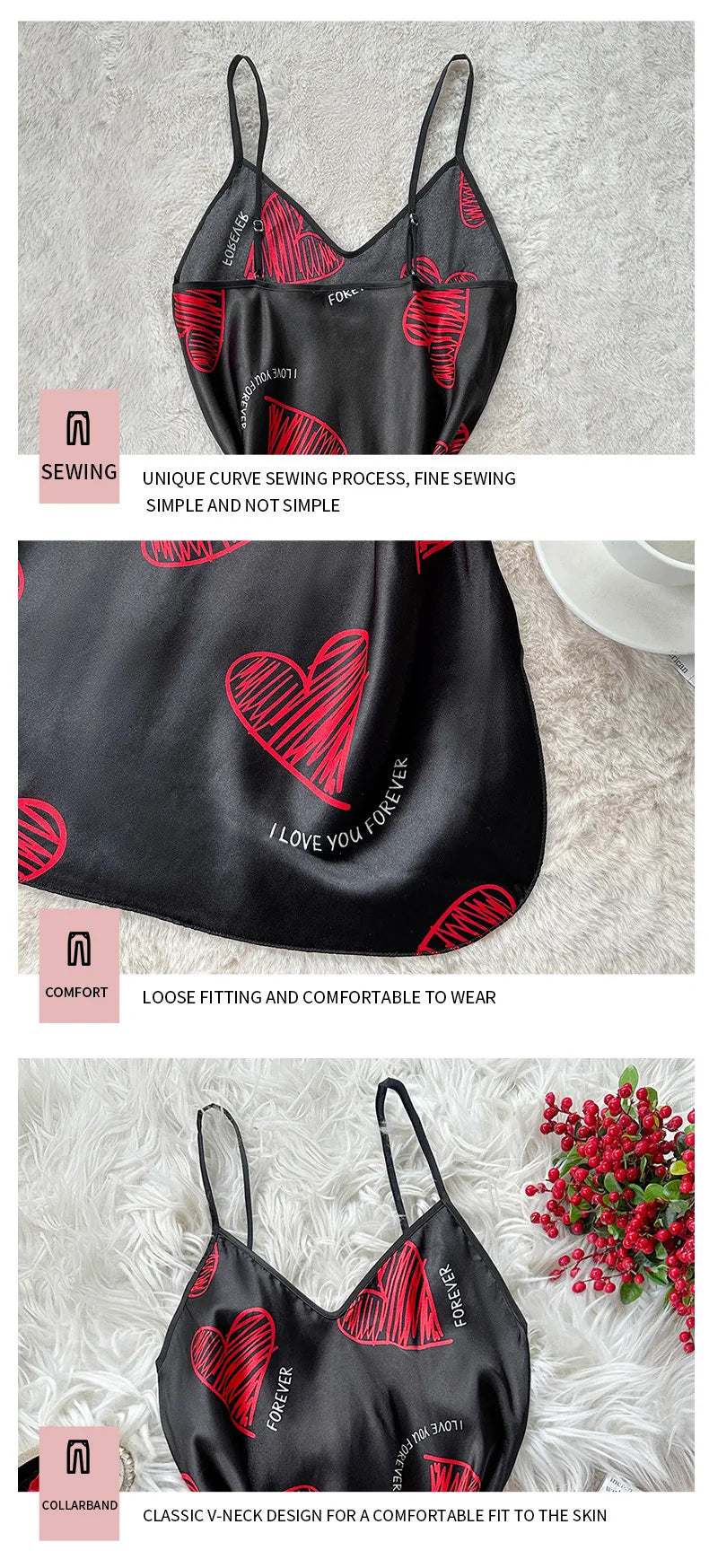 Red Lip Print Satin Slip Nightdress V Neck Backless Mini Sleep Dress Women's Sleepwear Dresses