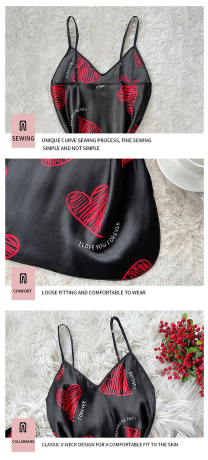 Red Lip Print Satin Slip Nightdress V Neck Backless Mini Sleep Dress Women's Sleepwear Dresses