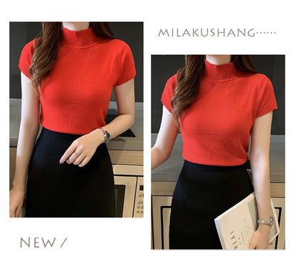 Half-High Neck T-Shirt Women's Fashion Jumper Casual Tops Korean Style Elegant Solid-Coloured Clothing Spring And Summer Season