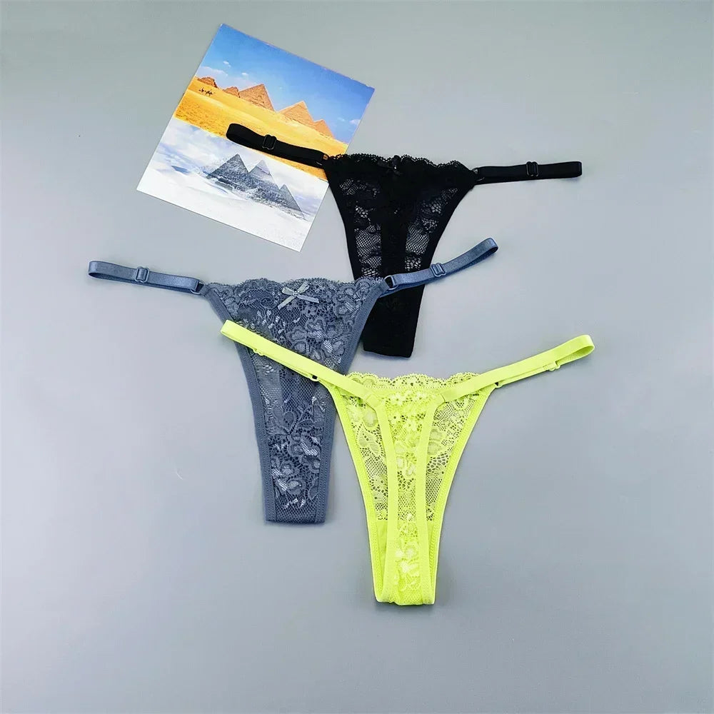 3PCS Adjustable Sexy Transparent Thong Panties Women Lace Underwear Low Waist Female T-back String Underpants