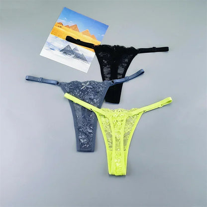 3PCS Adjustable Sexy Transparent Thong Panties Women Lace Underwear Low Waist Female T-back String Underpants