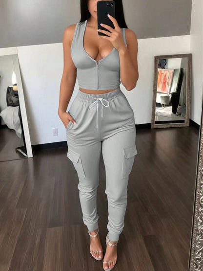 Women's 2-Piece Set: Sleeveless Zip Front Crop Top & Cargo Jogger Pants, Casual Summer Outfit