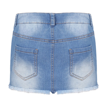Women Summer Sexy Denim Skirt Fashion Frayed Hem Short Skirts Casual Mid Waisted Pockets Slim Fit Clubwear Solid Color Skirts
