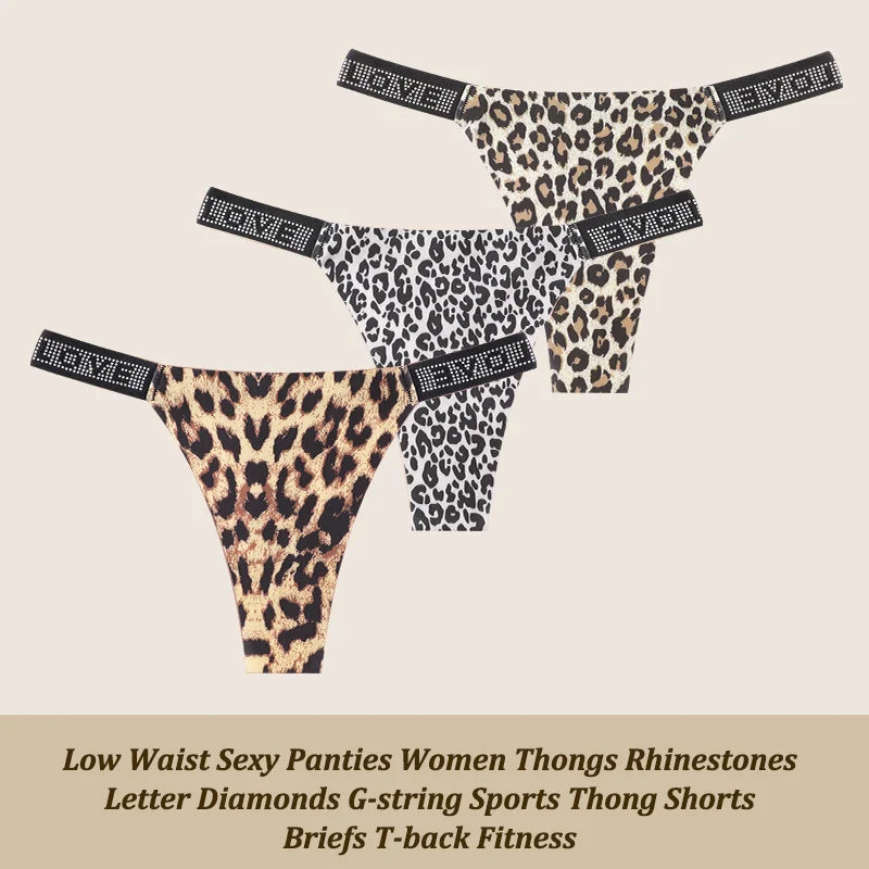Low Waist Sexy Panties Women Thongs Rhinestones Letter Diamonds G-string Sports Thong Shorts Briefs T-back Size XS-XL 3Pcs