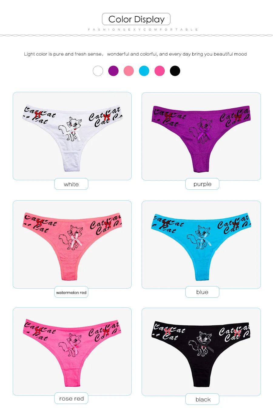 Sexy Thong 5 Pcs for Women Girls Cotton G-Strings Ladies Panties,Cute Cat Print Thongs