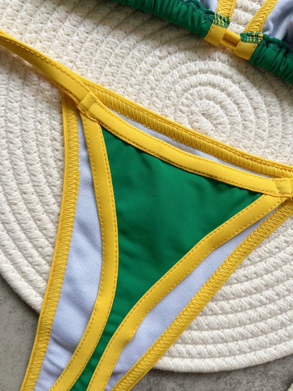 Embroidery Brasil Flag Contrast Split Bikini Set Women Swimwear Patchwork Swimsuit Hottie Outfit SummerBeachwear