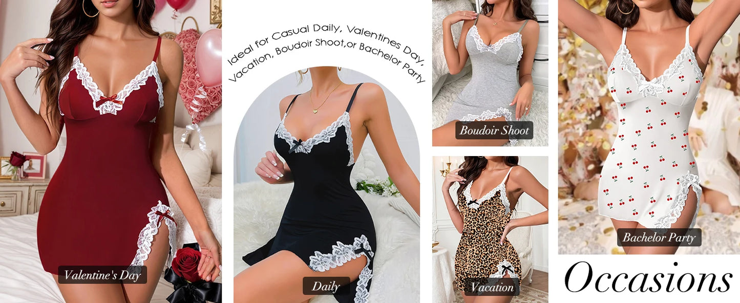 Sexy Night Gowns Lace Trim Sleep Dress V Neck Babydoll Chemise Dress Side Split Nighty