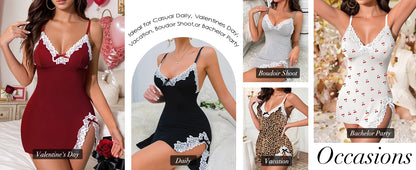 Sexy Night Gowns Lace Trim Sleep Dress V Neck Babydoll Chemise Dress Side Split Nighty