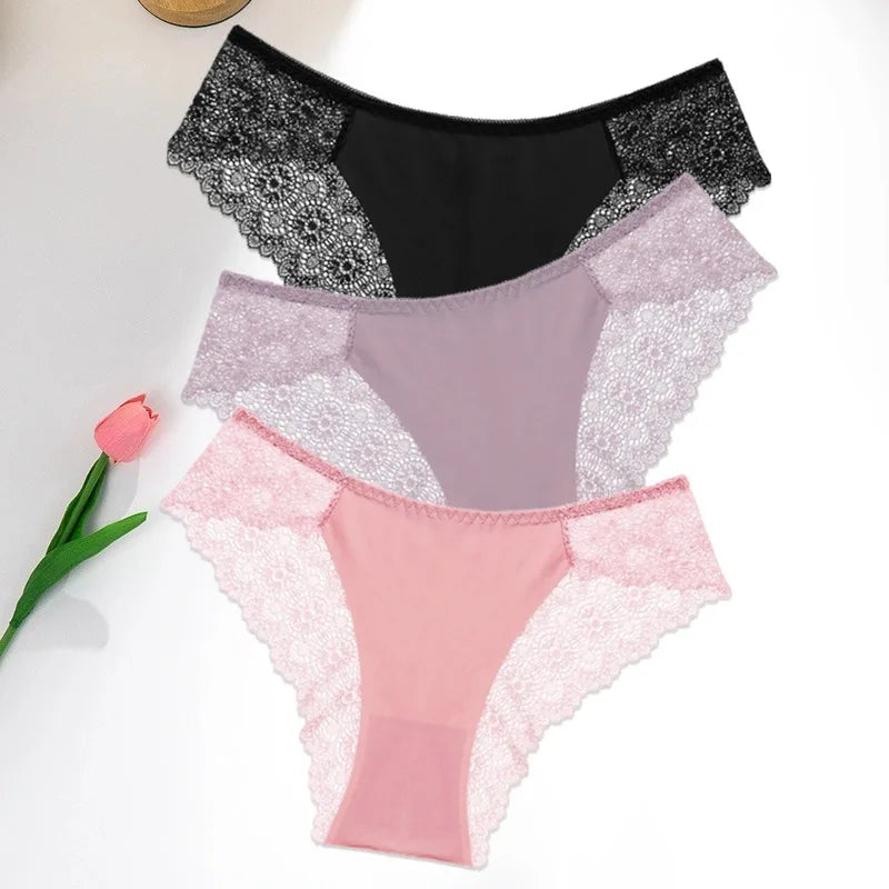 WarmSteps 3Pcs/Set Women's Lace Panties Briefs Solid Ice Silk Lingerie Female Underpanties Underwear for Woman Low Rise Briefs