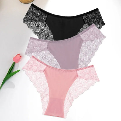 WarmSteps 3Pcs/Set Women's Lace Panties Briefs Solid Ice Silk Lingerie Female Underpanties Underwear for Woman Low Rise Briefs