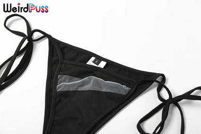 Weird Puss Beach Style Women Bikini 2 Piece Set Sexy Mesh Patchwork One Shoulder Bra Top+Bandage Briefs Vacation Trend Clubwear