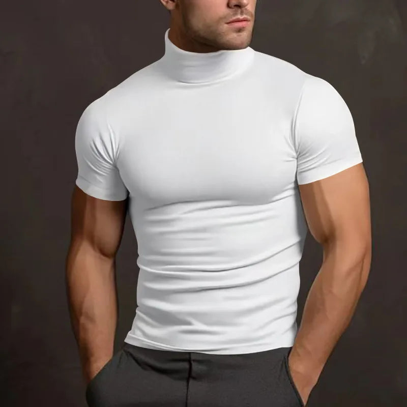 Cross-border Amazon summer solid color short-sleeved fashion bottoming shirt men's tight turtleneck T-shirt