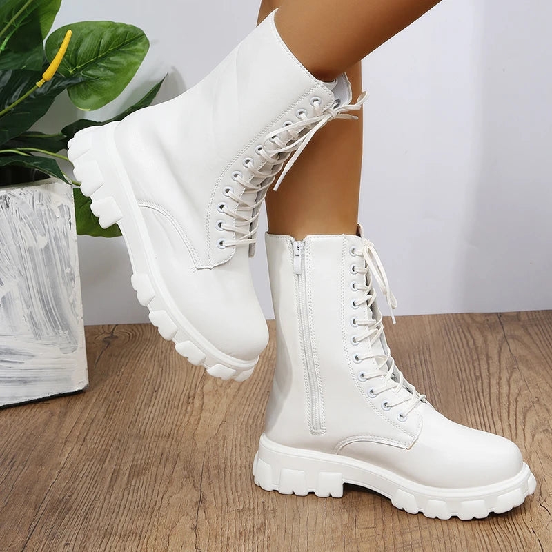 Autumn Winter PU Leather White Ankle Boots Motorcycle Botines Female Chunky Heels Platform Boots Botas Mujer
