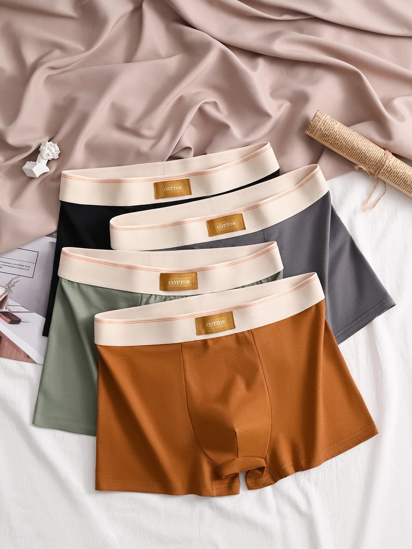 Men's 4-piece underwear, cotton soft and comfortable casual daily boxer briefs, solid color trendy personality shorts