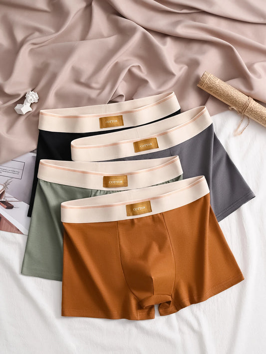 Men's 4-piece underwear, cotton soft and comfortable casual daily boxer briefs, solid color trendy personality shorts