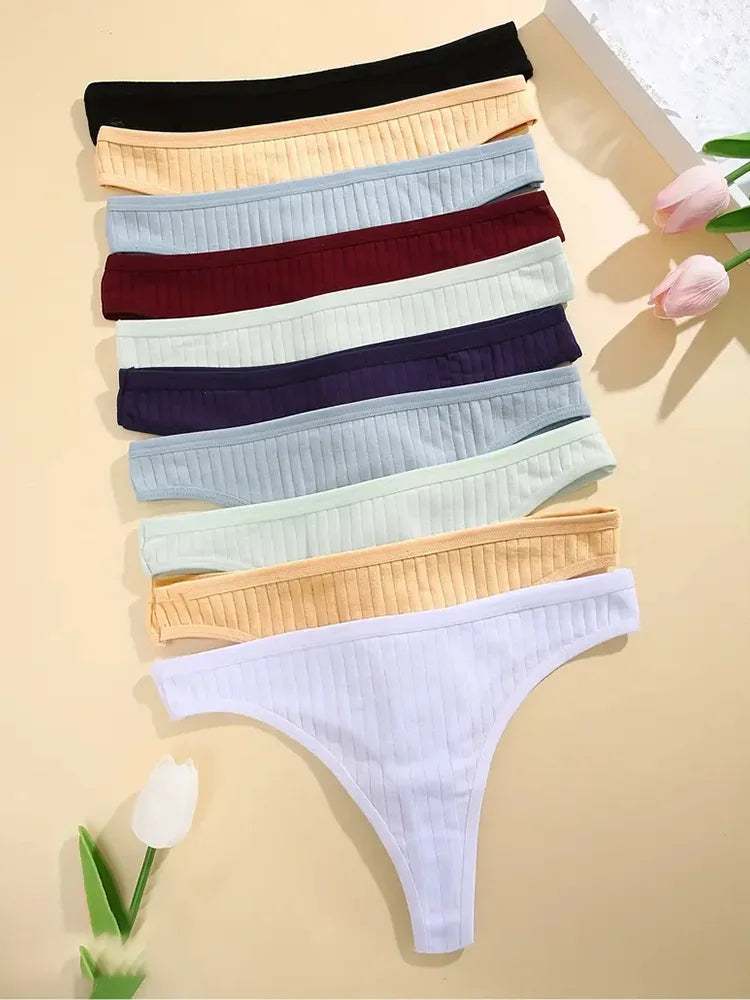 Women Cotton Thongs Panties Female Ribbed Low Rise G-String Ladies Sexy Bikini 7 Solid Color Girl Soft S-XL Intimates 6Pcs