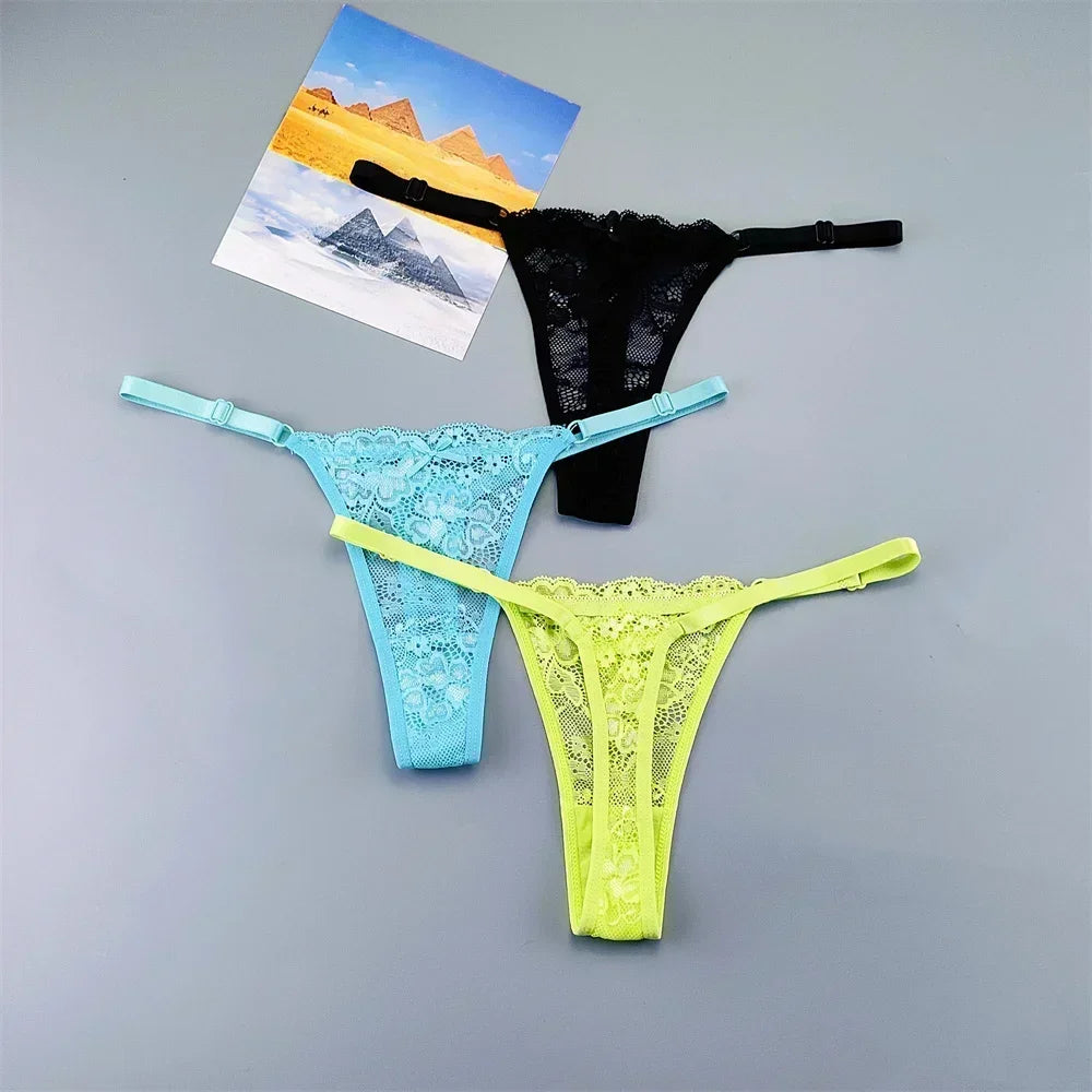 3PCS Adjustable Sexy Transparent Thong Panties Women Lace Underwear Low Waist Female T-back String Underpants