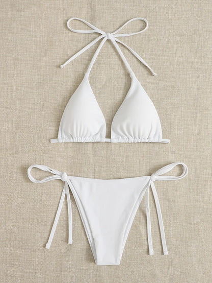 Solid color three-point bikini strap-on women's swimsuit set