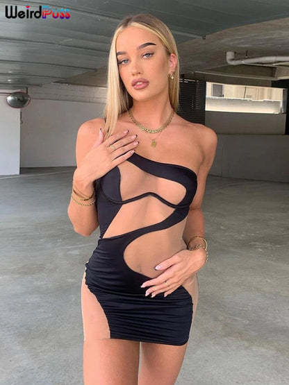 Weird Puss Beach Style Women Bikini 2 Piece Set Sexy Mesh Patchwork One Shoulder Bra Top+Bandage Briefs Vacation Trend Clubwear