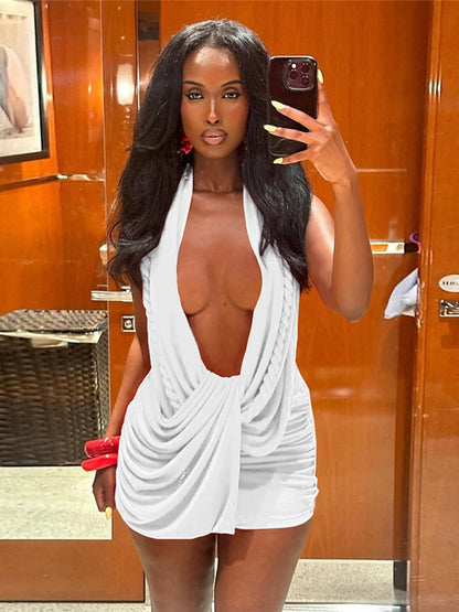 Weird Puss Halter Ruched Dress Women Sexy Whip Knot Backless Patchwork Elegant Stretch Christmas Peach Hip Birthday Mini Bodycon