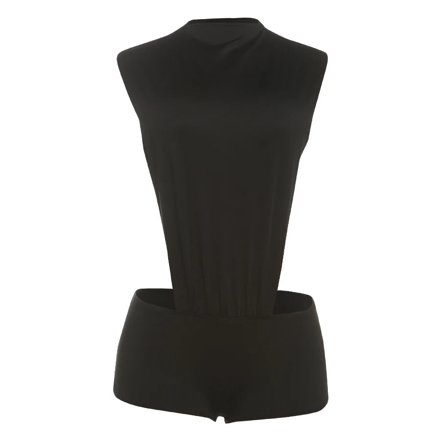 Weird Puss Sexy Women Romper Sleeveless Hollow Patchwork Summer o-Neck Hipster Solid Skinny Stretch Clubwear Ruched Playsuit