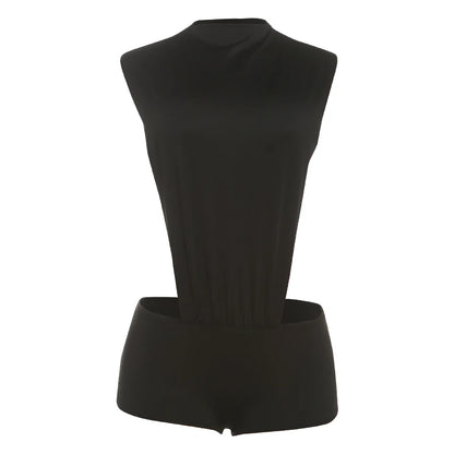 Weird Puss Sexy Women Romper Sleeveless Hollow Patchwork Summer o-Neck Hipster Solid Skinny Stretch Clubwear Ruched Playsuit