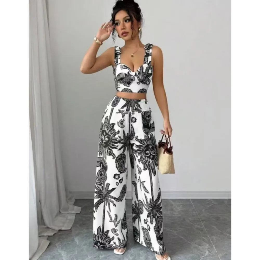 Sexy Strapback Halter Tops Long Pants Female 2-piece Set Summer Fashion Printed Wide-leg Pocket Trousers Elegant Women's Suit