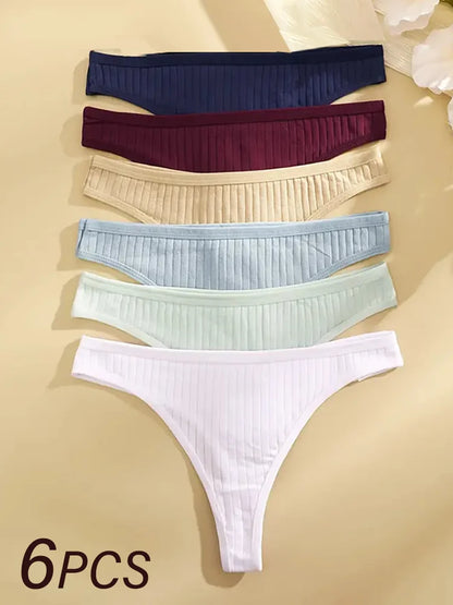 Women Cotton Thongs Panties Female Ribbed Low Rise G-String Ladies Sexy Bikini 7 Solid Color Girl Soft S-XL Intimates 6Pcs