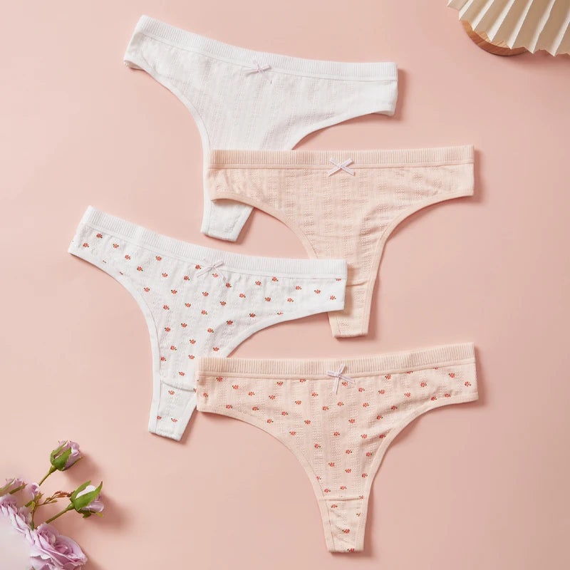 Sexy Women's Cotton Thong Panties 5pcs Low Rise Soft Comfortable Underwear Breathable Ladies Panties Bowknot for Everyday Wear