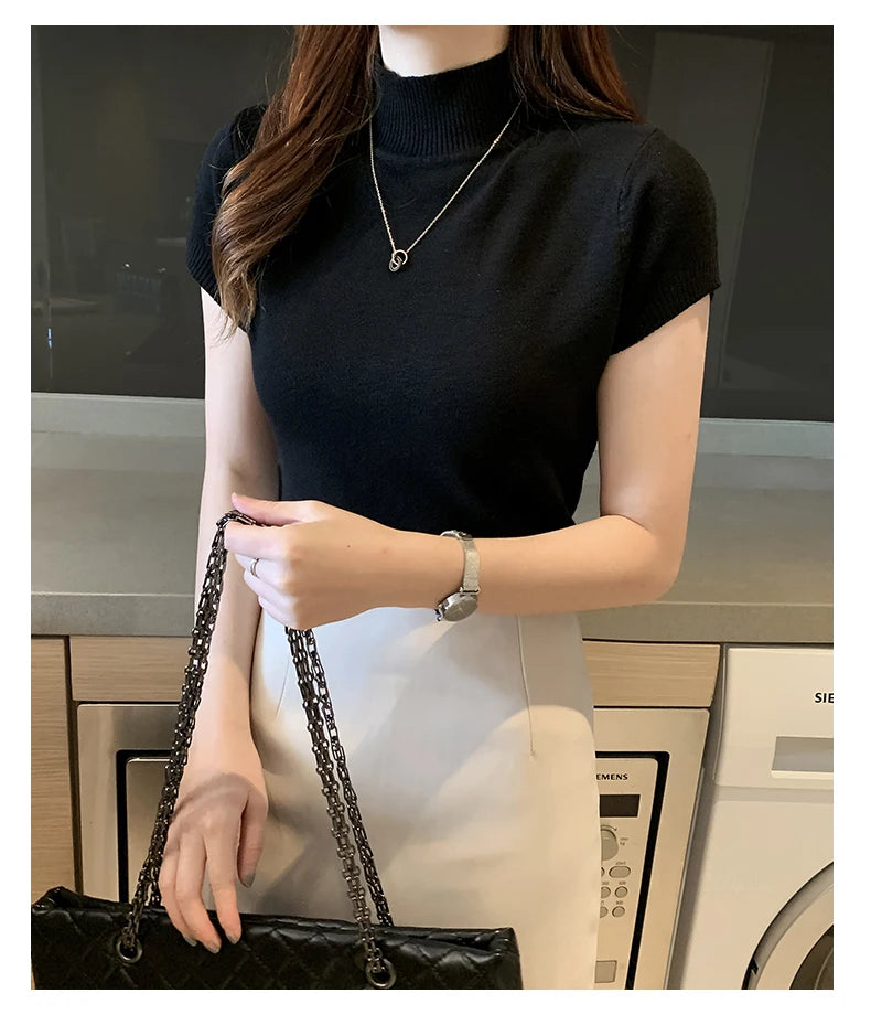 Half-High Neck T-Shirt Women's Fashion Jumper Casual Tops Korean Style Elegant Solid-Coloured Clothing Spring And Summer Season