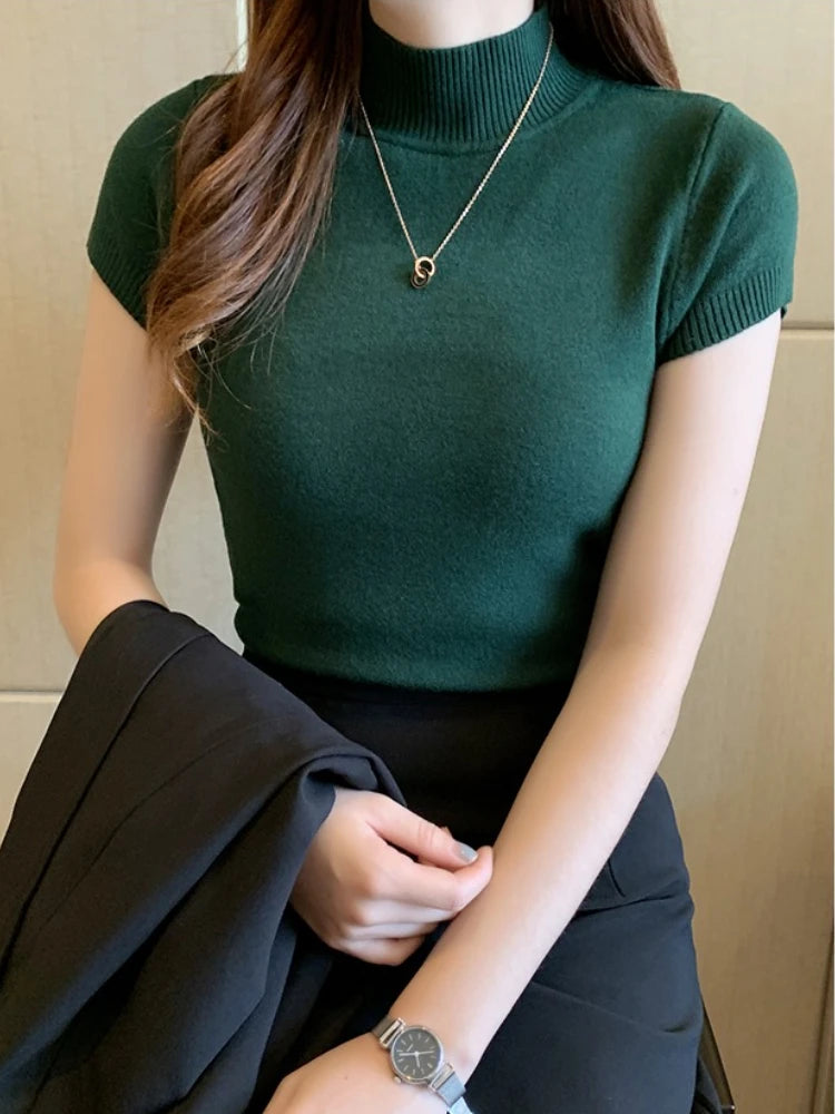 Half-High Neck T-Shirt Women's Fashion Jumper Casual Tops Korean Style Elegant Solid-Coloured Clothing Spring And Summer Season