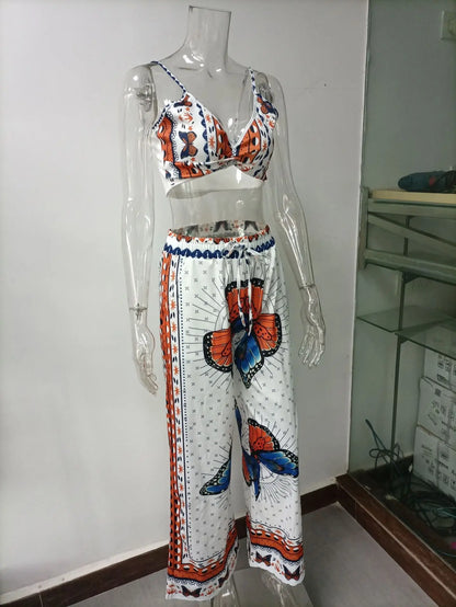 Sexy Two Piece Set Women Outfit 2025 Summer Butterfly Print V-Neck Cropped Top High Waist Drawstring Casual Wide Leg Pants Sets