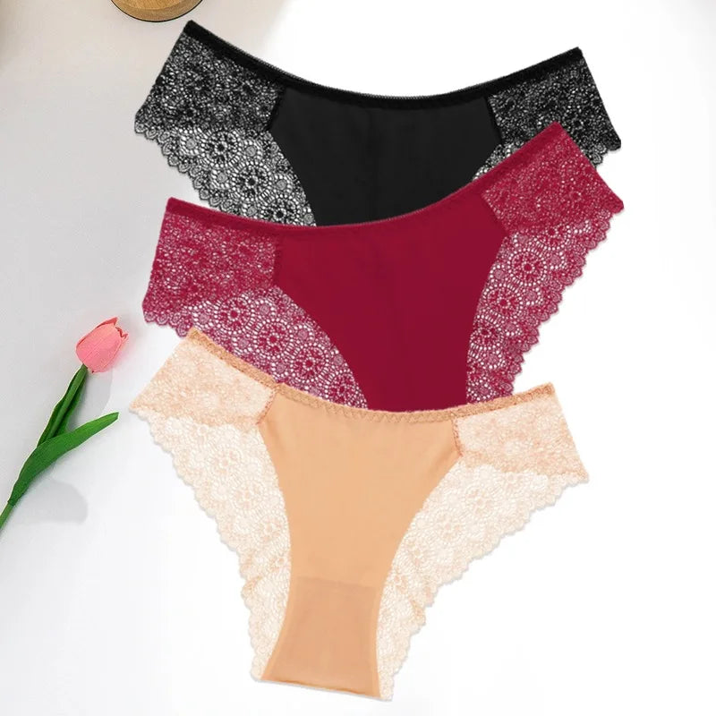 WarmSteps 3Pcs/Set Women's Lace Panties Briefs Solid Ice Silk Lingerie Female Underpanties Underwear for Woman Low Rise Briefs