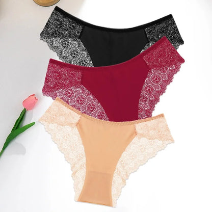 WarmSteps 3Pcs/Set Women's Lace Panties Briefs Solid Ice Silk Lingerie Female Underpanties Underwear for Woman Low Rise Briefs