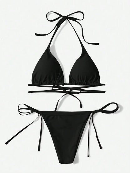 Solid color three-point bikini strap-on women's swimsuit set