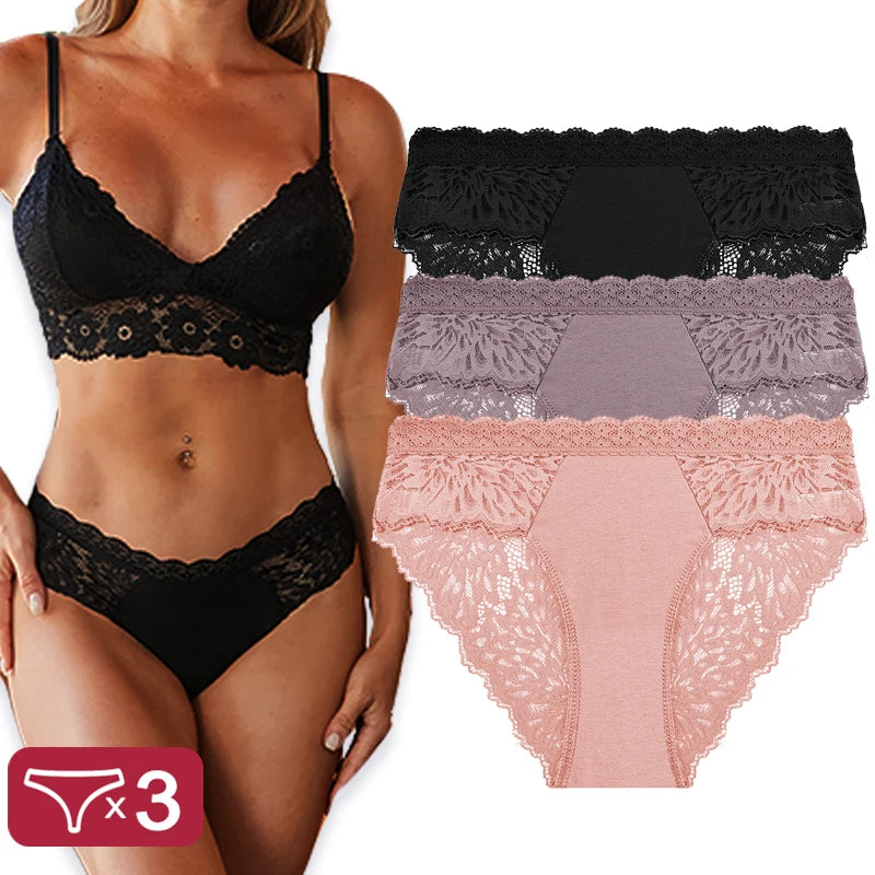 Sexy Perspective Women Back Lace Panties Patchwork Cotton Underpants Hollow Out Lingerie Underwear Comfortable Briefs 3PCS