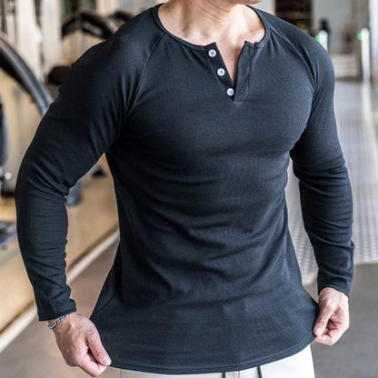 Men Sports High-Elastic Fitness Long Sleeve T-Shirt Autumn New Slim Fit Henley Collar Tshirt Men Streetwear Casual T-Shirt