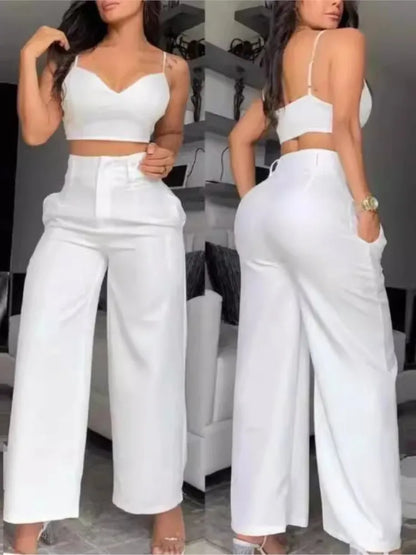 Summer Sexy 2 Piece Set Women V-Neck Strap Shirred Slim Crop Top & Lace-up Wide Leg Pants Sets Elegant Holiday Lady Suit
