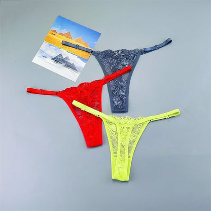 3PCS Adjustable Sexy Transparent Thong Panties Women Lace Underwear Low Waist Female T-back String Underpants