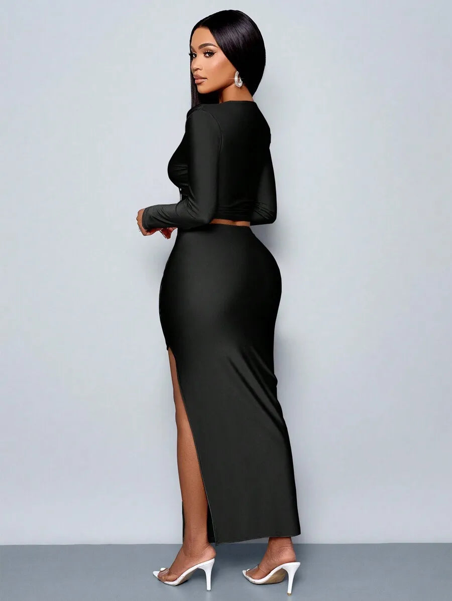 BWQ Women's 2pcs Set Solid Color Elegant Casual Simple Asymmetrical Collar Long Sleeve T-Shirt And Slim Pleated Side Slit