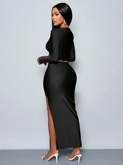 BWQ Women's 2pcs Set Solid Color Elegant Casual Simple Asymmetrical Collar Long Sleeve T-Shirt And Slim Pleated Side Slit