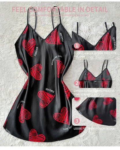 Red Lip Print Satin Slip Nightdress V Neck Backless Mini Sleep Dress Women's Sleepwear Dresses