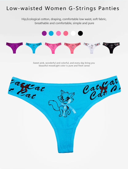Sexy Thong 5 Pcs for Women Girls Cotton G-Strings Ladies Panties,Cute Cat Print Thongs