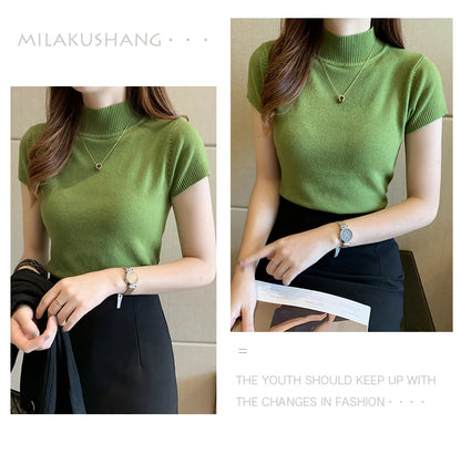 Half-High Neck T-Shirt Women's Fashion Jumper Casual Tops Korean Style Elegant Solid-Coloured Clothing Spring And Summer Season